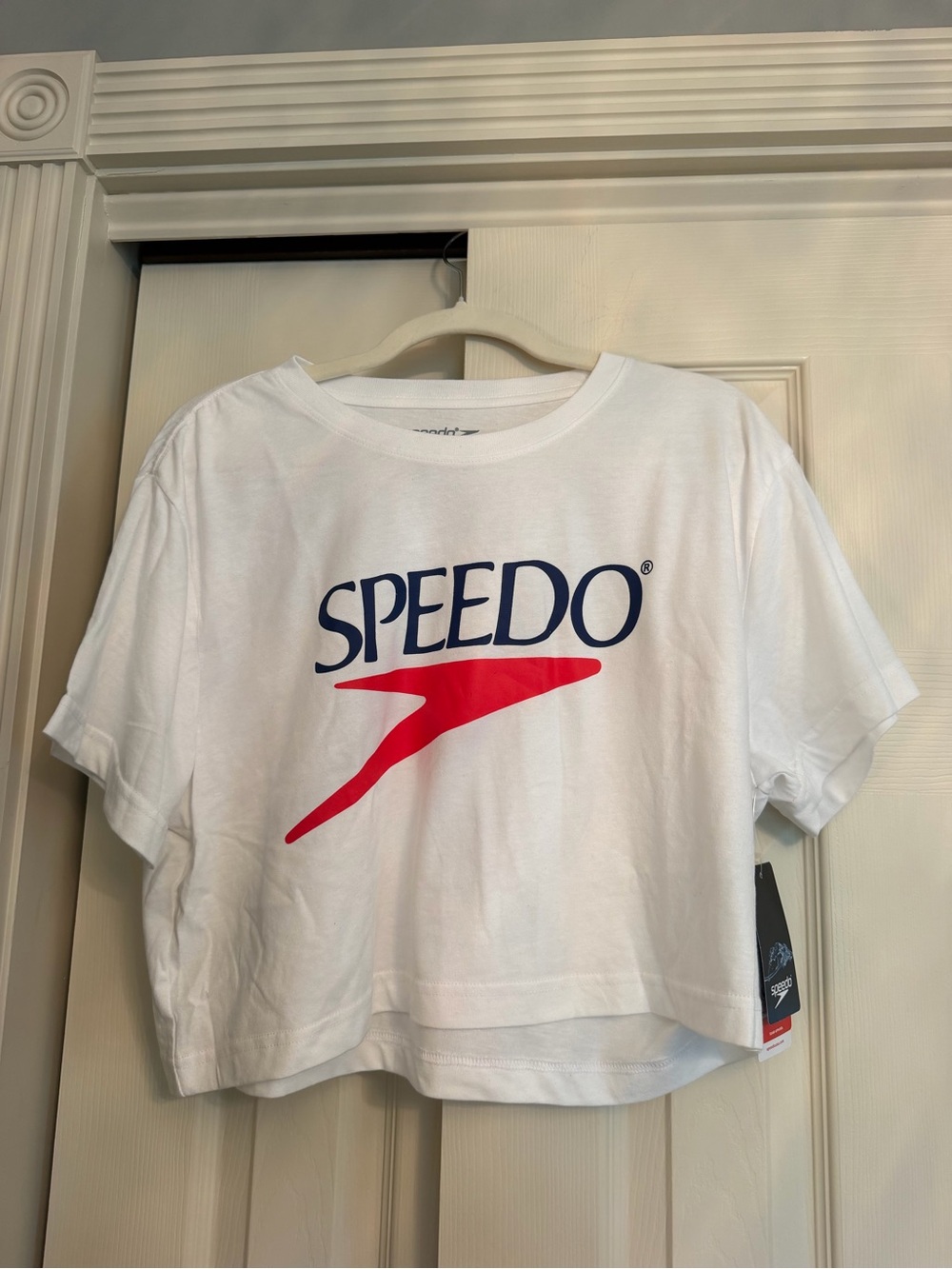 Speedo White Cropped Logo Tee with Red & Navy Graphic SMU Edition